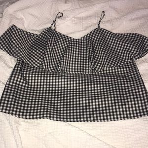 Super cute plaid off the shoulder shirt!